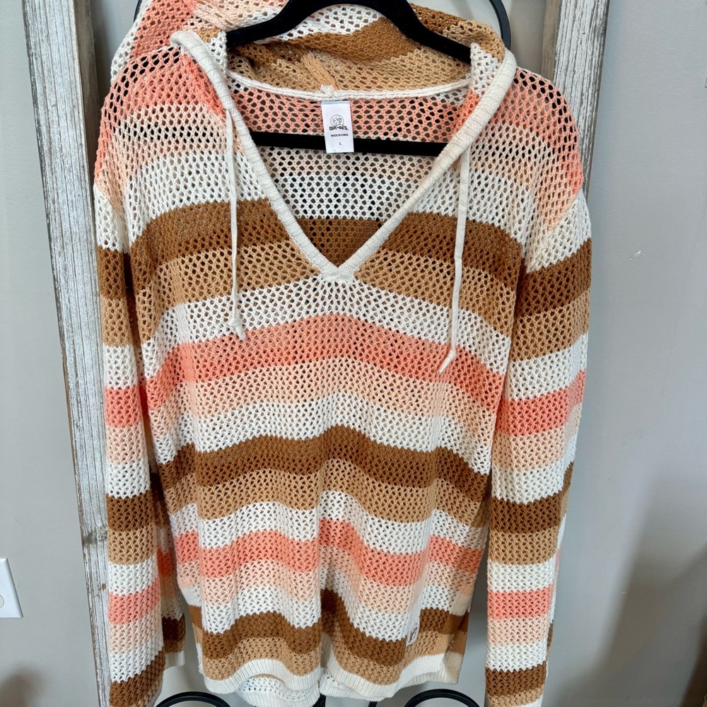 Buc-ee’s Women’s Striped Crochet Hoodie Pullover Beach Boho Knit‎ L